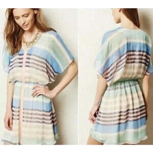 Anthropologie Meadow Rue Dress Blue Decatur Striped Chiffon Bell Sleeve L